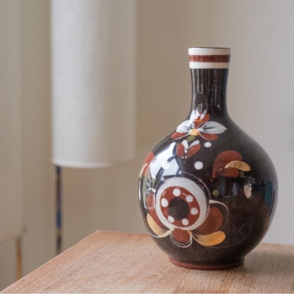 Vintage Burkart Porcelain Vase Handmade Mid Century Floral Print Brown Crème